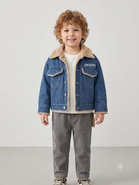 Peanuts Snoopy Kids Fleece-Lined Denim Hiking Jacket Includes Lapel Pin